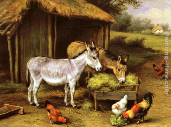 Chickens and Donkeys feeding outside a Barn painting - Edgar Hunt Chickens and Donkeys feeding outside a Barn art painting